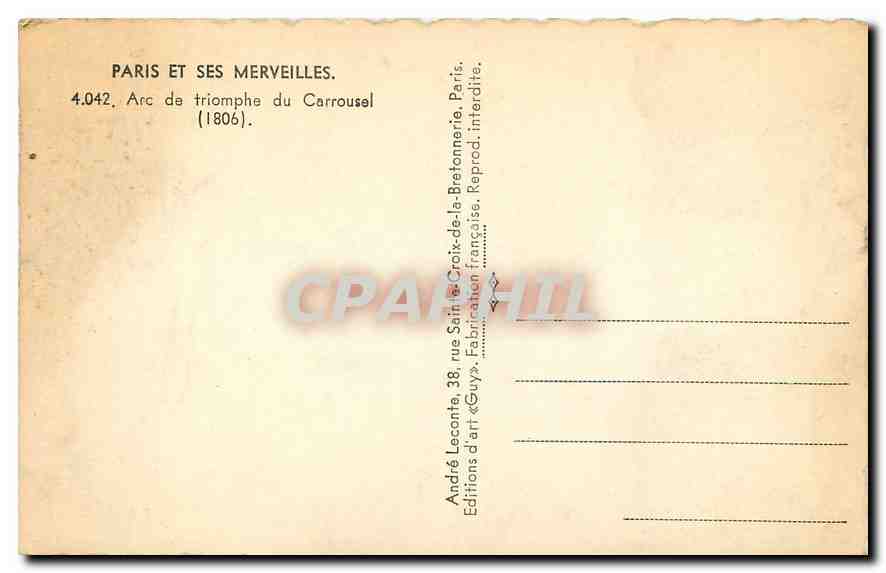 CPA Paris et ses Merveilles Arc de Triomphe du Carrousel  — Rückseite