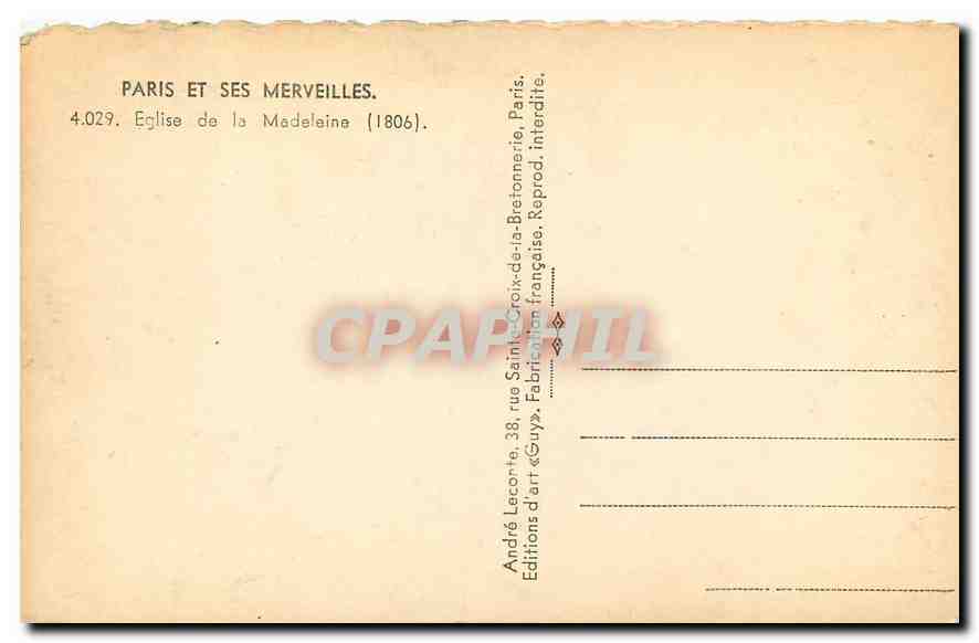 CPA Paris et ses Merveilles Eglise de la Madeleine  — Verso