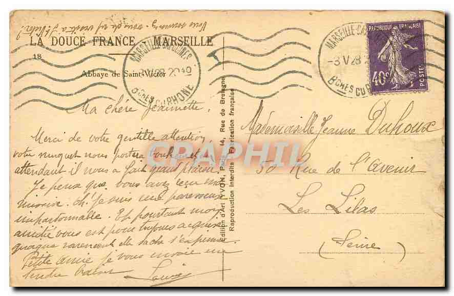 CPA Marseille Abbaye de Saint Victor  — Verso