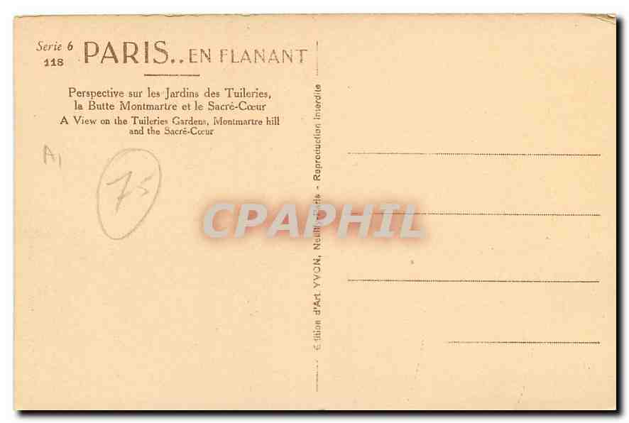 CPA Paris Presrective sur les Jardins des Tuileries la Butte Montmartre et le Sacre Coeur  — Rückseite