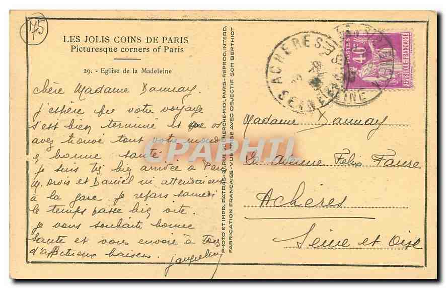 CPA Les Jolis coins de Paris Eglise de la Madeleine  — Verso