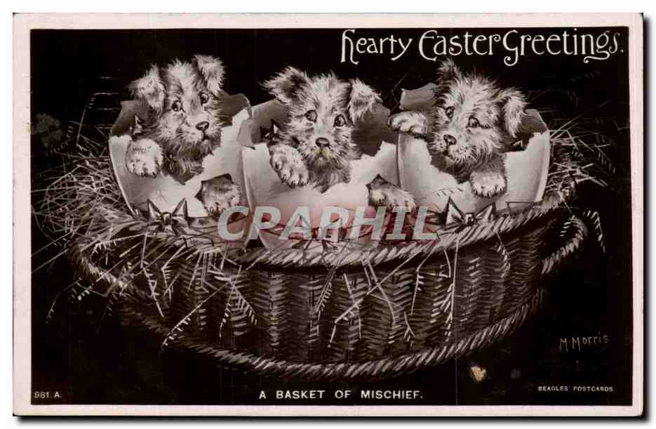 Fantaisie CPA Hearty Easter Greetings A basket of mischief chiens dogs