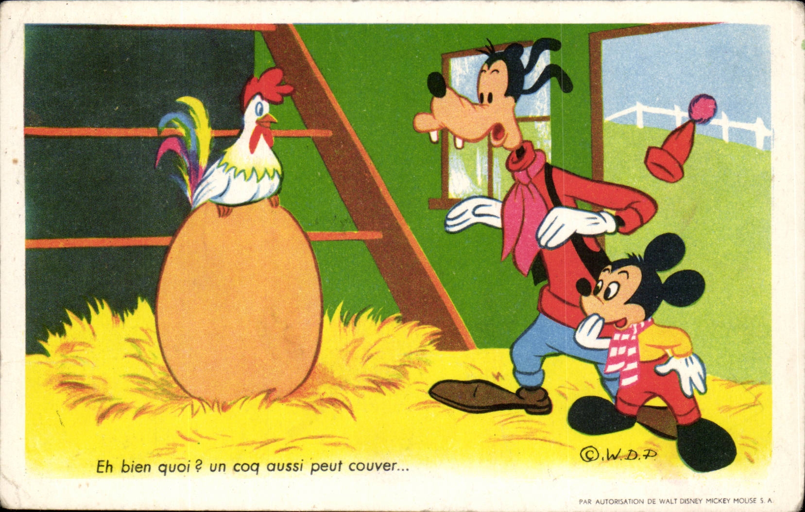 Fantaisie CPA disney Donald Pluto Et bien quoi ? un coq aussi peut couver