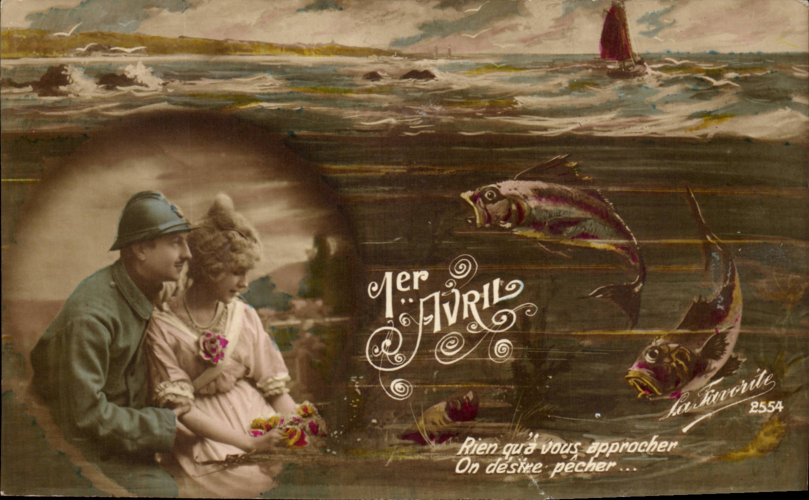 Fantaisie CPA 1er avril soldat militaria poisson