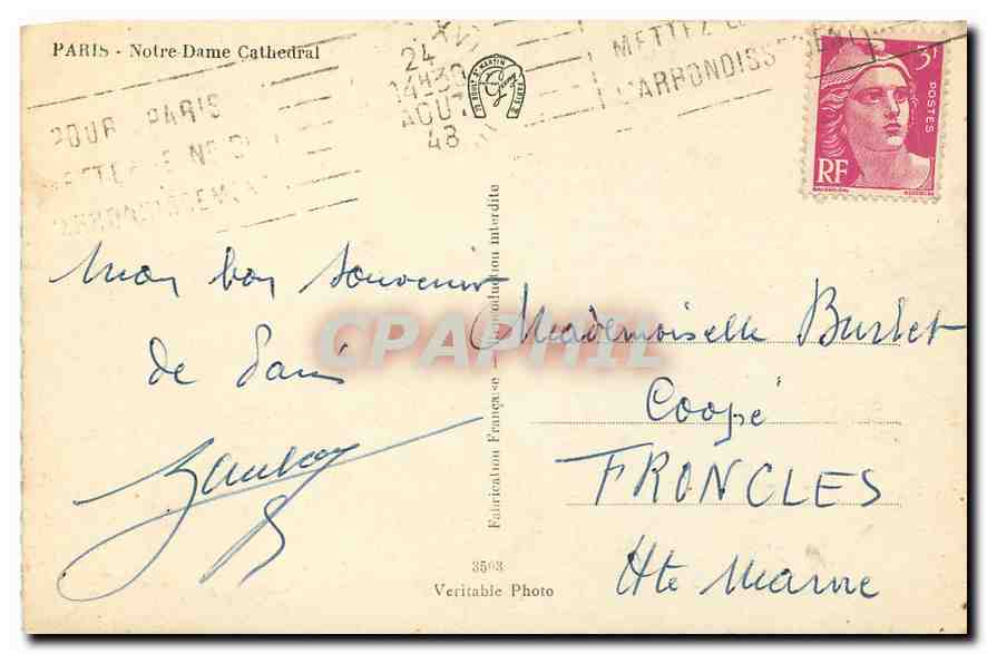 CPA Paris Notre Dame  — Verso