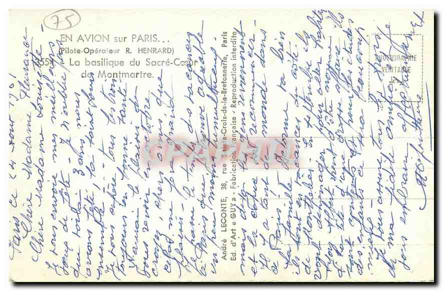 CPM Et Avion sur Paris Pilote operaleur T Hanrard La basilique du Sacre Coeur de Montmartre  — Verso