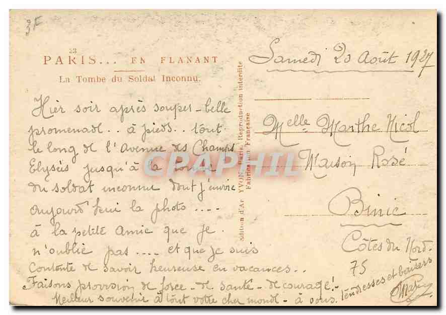 CPA Paris La Tombe du Soldal Inconnu  — Rückseite