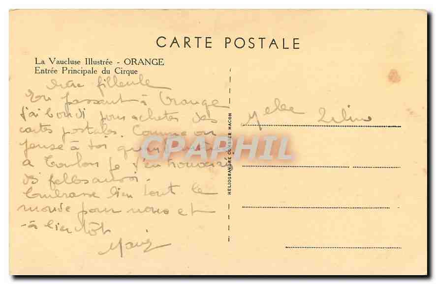 CPA La Vauclusse Illustree Orange Entree Principale du Cirque  — Rückseite