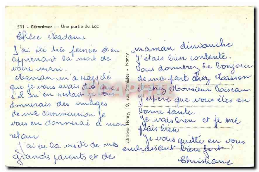 CPA Gerardmer Une partie du Lac  — Rückseite
