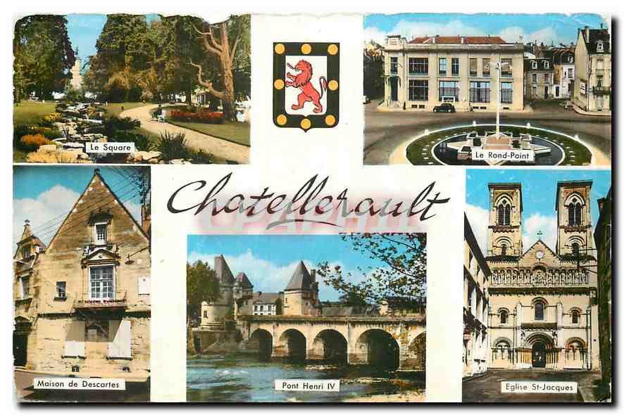 CPM Chatellerault Le square Le rond point Maison de Descartes Pont Henri IV Eglise St Jacques Lion