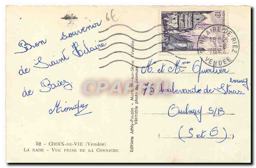 La Rade - Vue prise de la Corniche — Editions Jehly-Poupin, n°52 — Rückseite