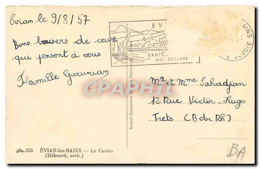 CPA Evial les Bains Le Casino Hebrard  — Verso