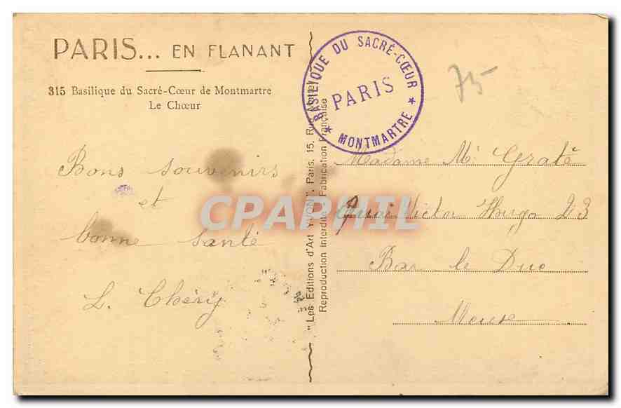 CPA Paris Basilique du Sacre Coeur de Montmartre Le Choeur  — Rückseite
