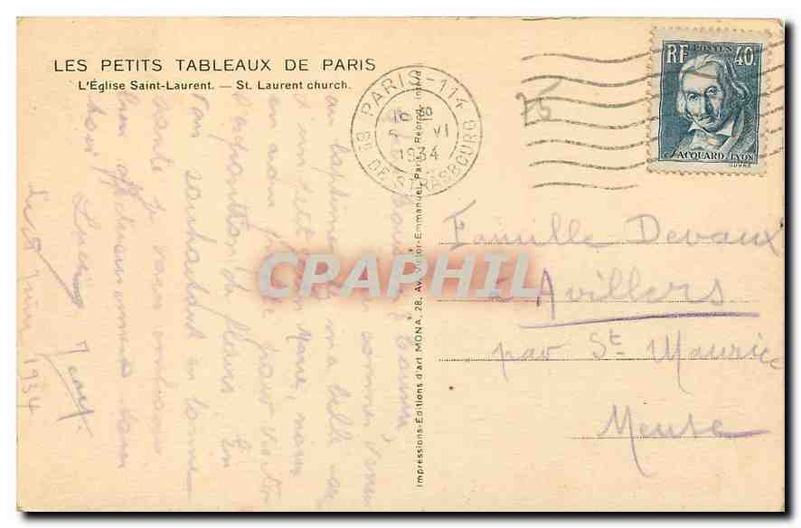 CPA Petits Tableaux de Paris Eglise Saint Laurent  — Verso