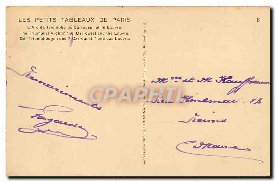 CPA Paris l'Arc de Triomphe du Carrousel  — Rückseite
