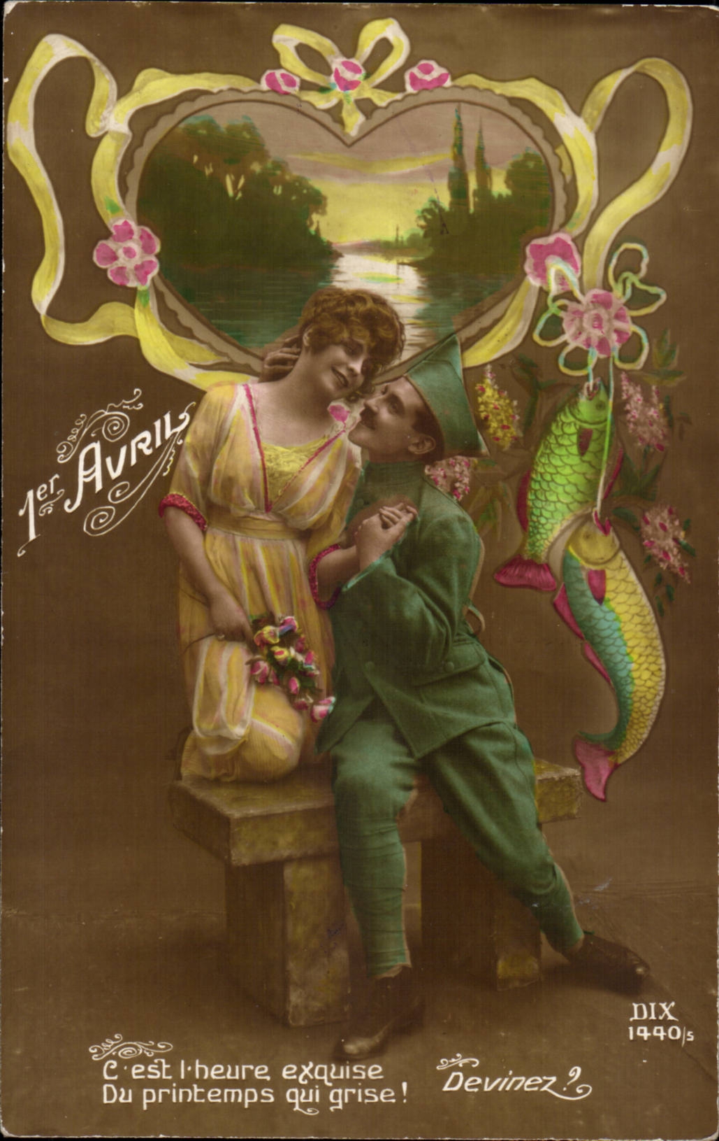 Fantaisie CPA Joyeuses Paques poisson 1er avril enfant soldat