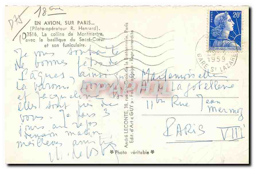 CPM En Avion sur Paris La colline de Montmartre avec le Basilique du Sacre Coeur et son funiculaire  — Rückseite
