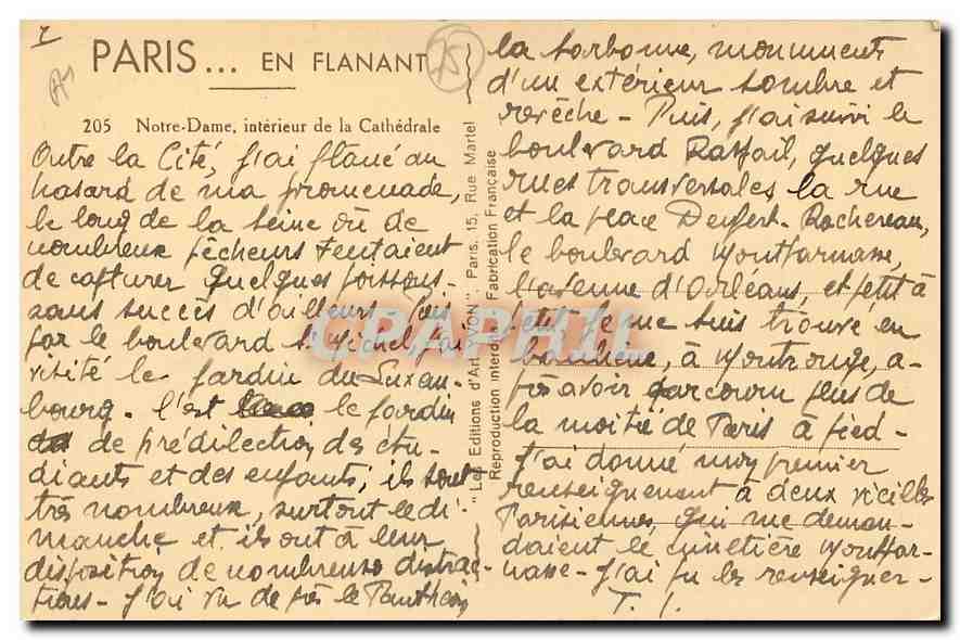 CPA Paris en flanant Notre Dame Interieur de la Cathedrale  — Rückseite