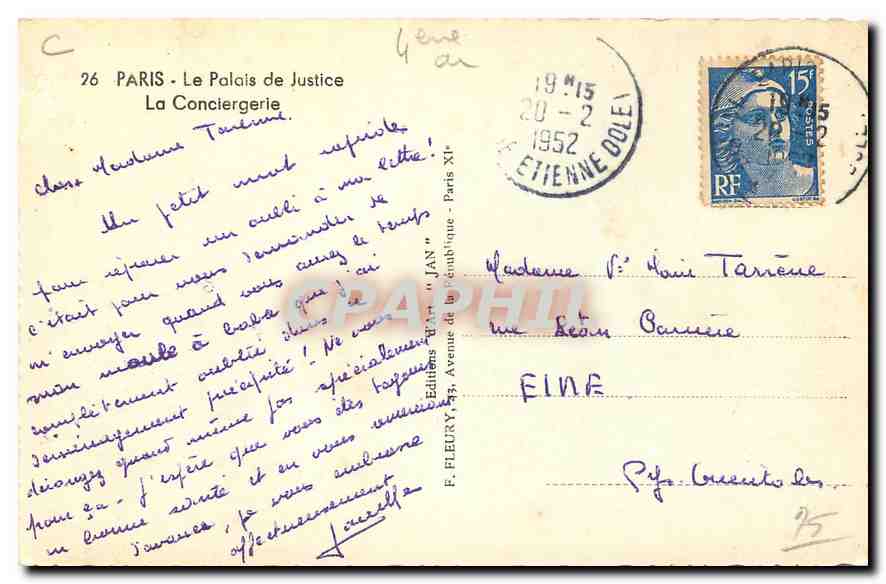 CPA Paris le Palais de Justice La Conciergerie  — Rückseite