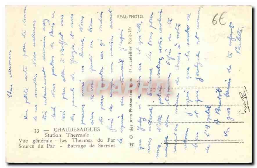 CPM Chaudesaigues Station Thermale Vue generale Les Thermes du Par Source du Par Barrage de Sarrans  — Rückseite