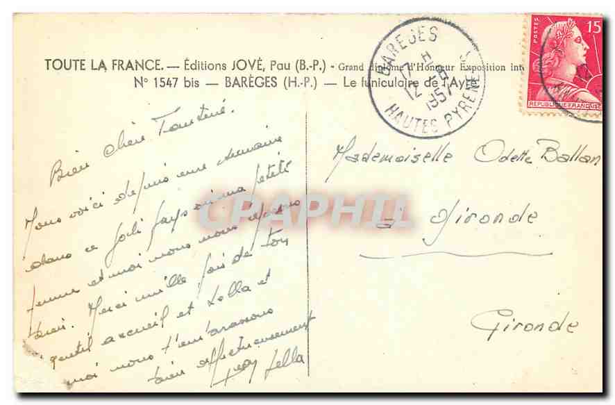 Barèges — Le funiculaire de l'Ayde — Éditions JOVÉ, Pau (B.P.) — Achterkant