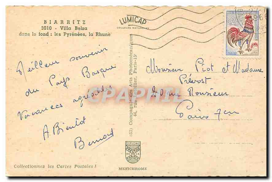 CPA Biarritz Villa Belza Dans le fond les Pyrenees la Rhune  — Rückseite