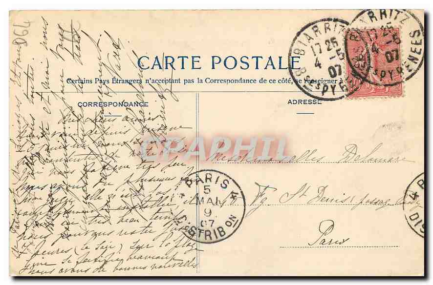 CPA Biarritz la villa Belze vue de l'Etablissement de la cote des Basques  — Verso