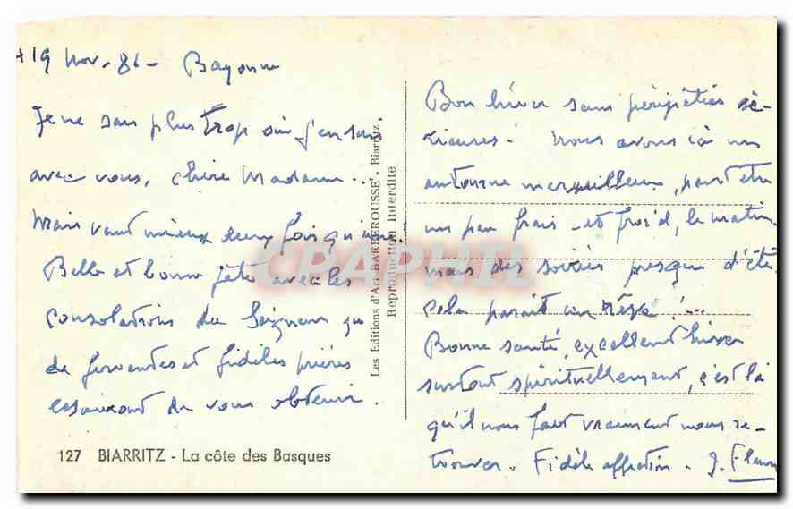 CPA Biarritz la Cote des Basques  — Verso
