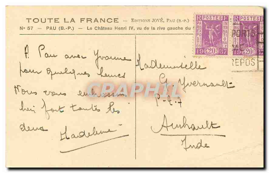 Pau — Le Château Henri IV, vu de la rive gauche — Éditions JOVÉ, Pau (B.-P.) — Rückseite