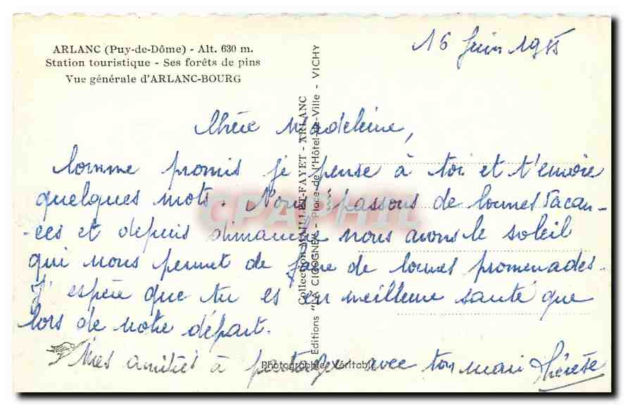 CPM Arlanc Puy de Dome Station Touristique ses forets de Pins vue generale d'Arlanc Bourg  — Verso