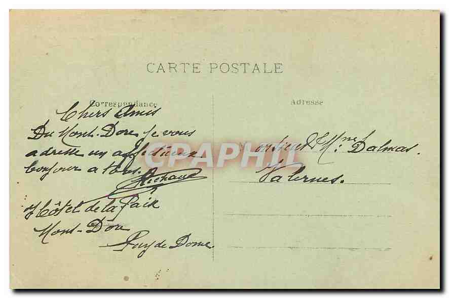CPA L'Auvergne Puy de Dome Mont Dore L'Hotel Sarciron Facade sur l'Esplanade du Casino  — Rückseite