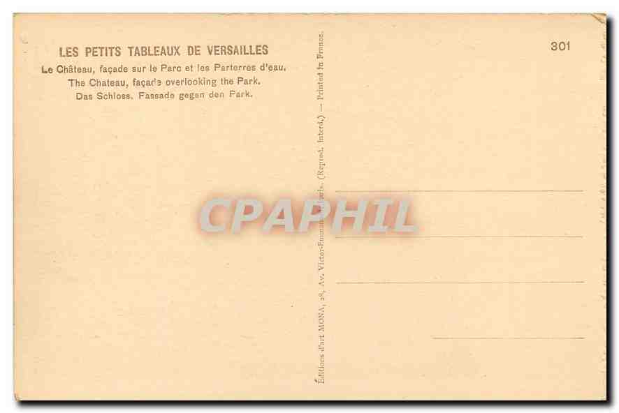 CPA Les Petits Tableaux de Versailles Le Chateau facade sur le Parc et les Parterres d'Eau  — Back