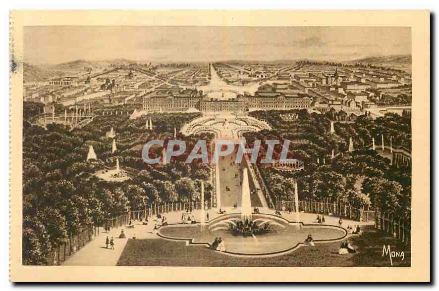 CPA Les Petits Tableaux de Versailles Le Chateau et les Jardins de Versailles vus a vol d'oiseau 