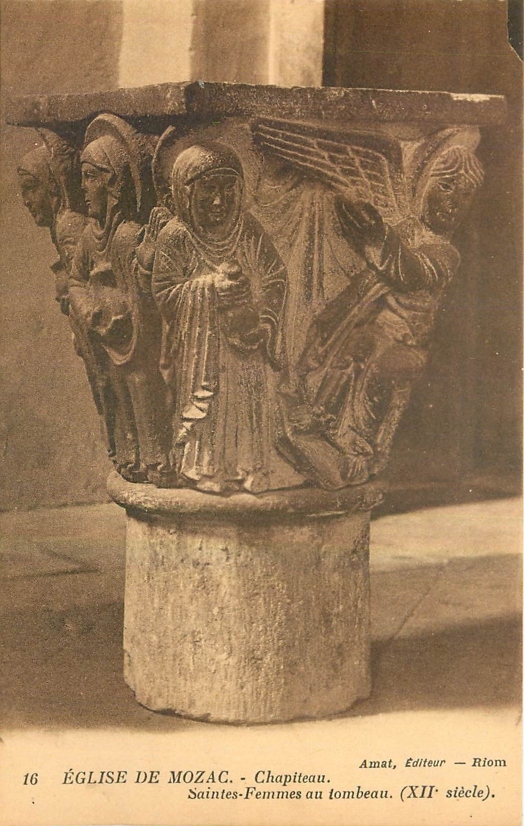 Kirche von Mozac - Kapitell. Frauenheilige am Grab. (12. Jahrhundert).
