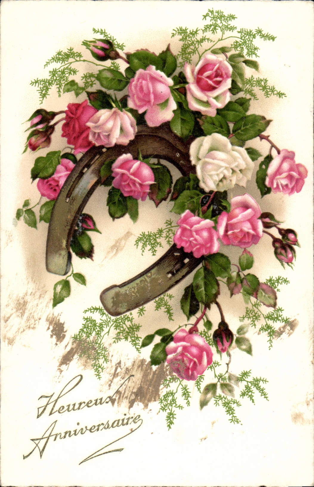 Fantaisie CPA Fleurs Fer a cheval Heureux anniversaire
