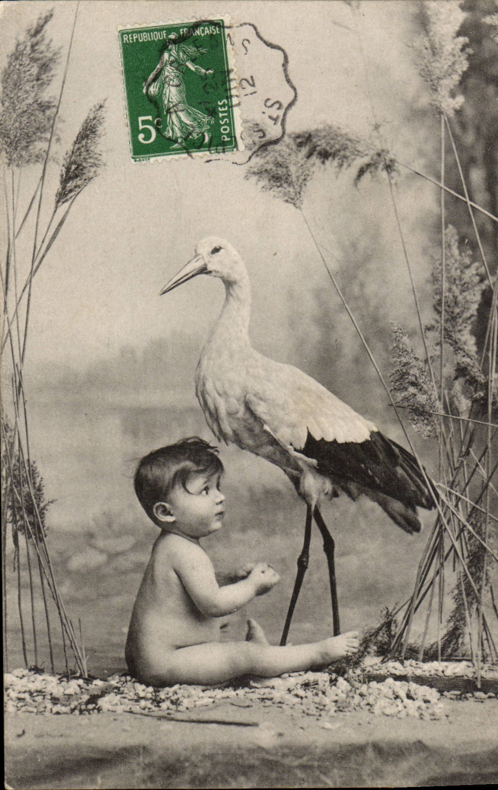 Fantaisie CPA Enfant cigogne