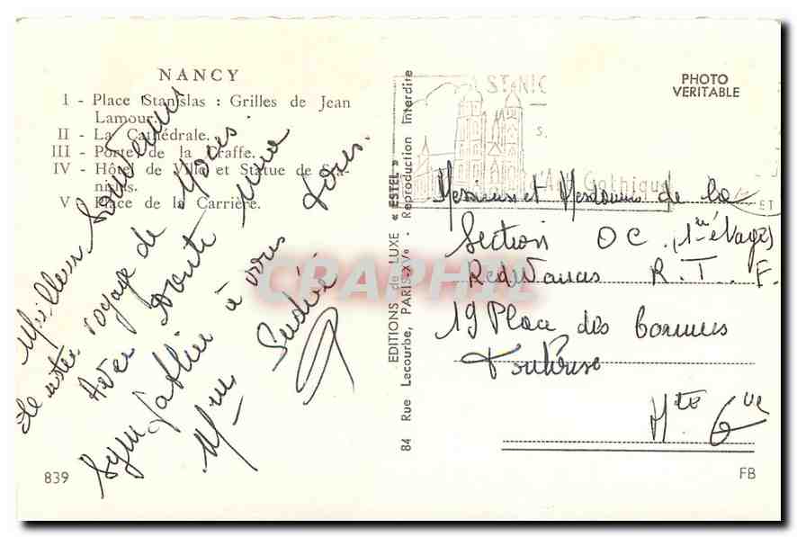 CPA Souvenir de Nancy Place Stanislas Grilles de Jean Lamour La Cathedrale Porte de la Craffe Hotel  — Rückseite