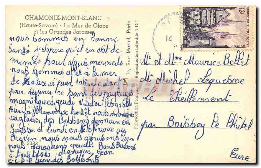 CPA Chamonix Mont Blanc Haute Savoie La Mer de Glace et les Grandes Jorasses  — Verso