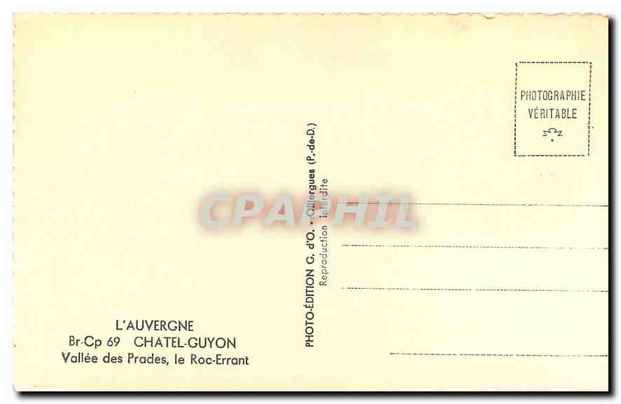 CPA l'Auvergne Chatel Guyon Vallee des Prades le Roc Errant  — Rückseite