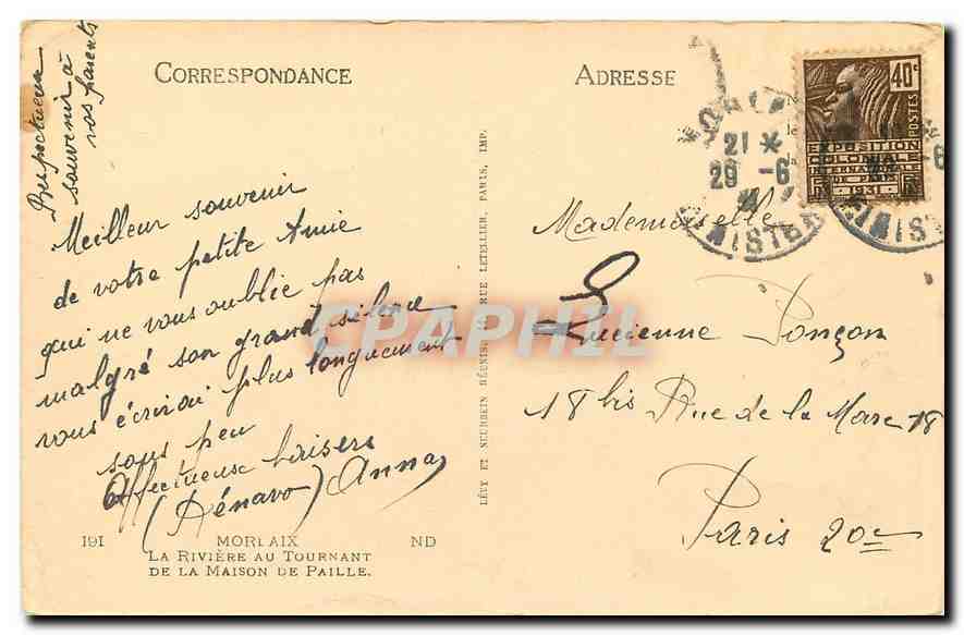 CPA Morlaix La Riviere au Tournant de la Maison de Paille  — Rückseite