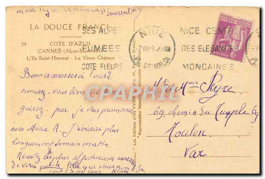 CPA La Douce France Cote d'Azur Cannes Alpes Maritimes L'Ile Saint Honorat le Vieux Chateau  — Verso