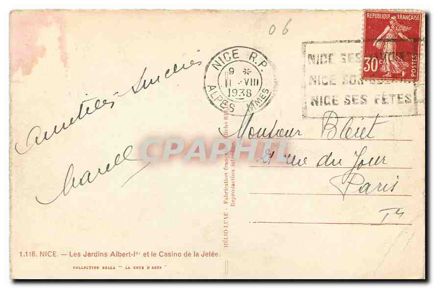 CPA Nice Les Jardins Albert 1er et le Casino de la Jetee  — Verso