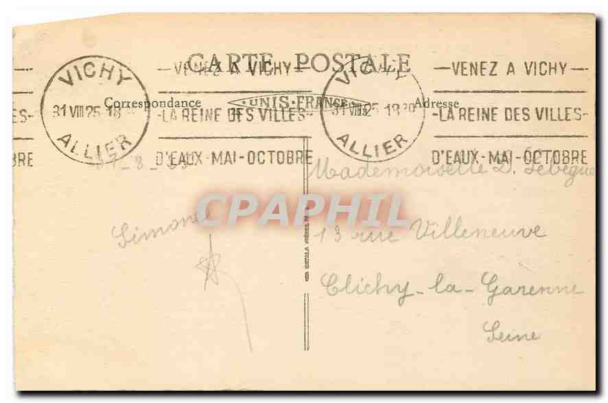 CPA Vichy Allier Le Casino  — Verso