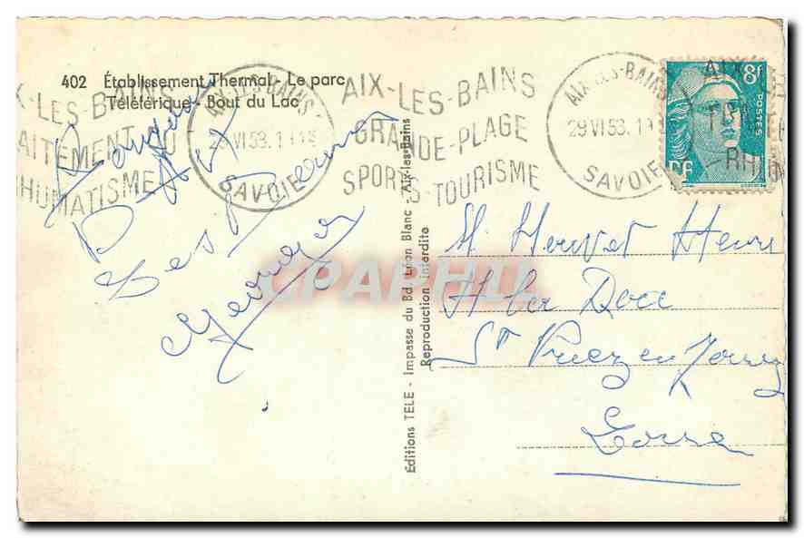 CPA Souvenir d'Aix les Bains Etablissement Thermal Le parc Teleferique Bout du Lac  — Rückseite