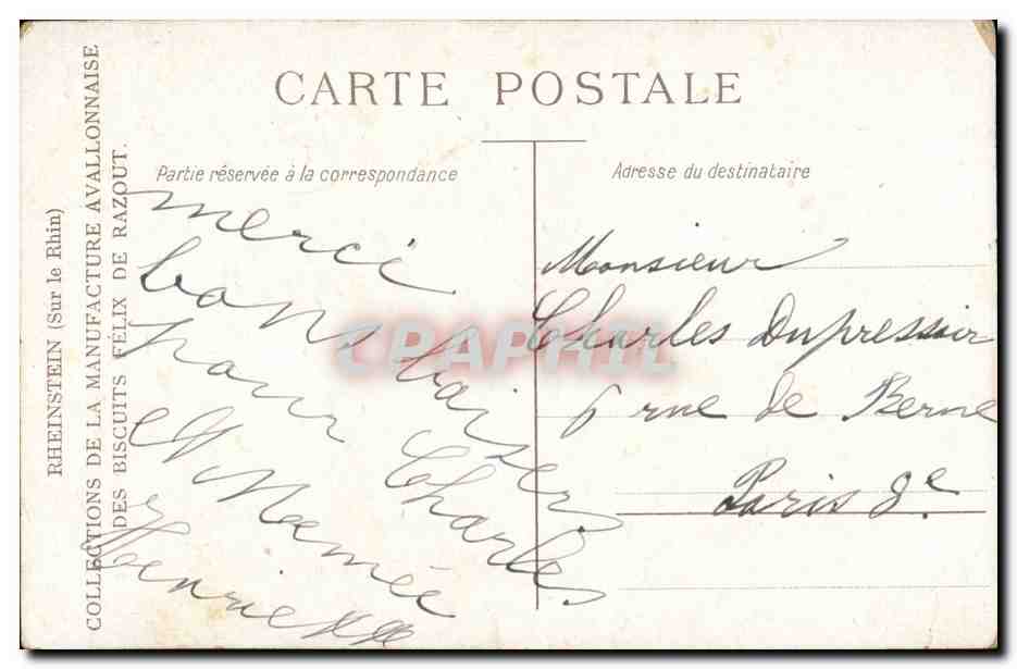 CPA Fantaisie Rheinstein (sur le Rhin) Manufacture avallonaise des biscuits Felix de Razout — Verso