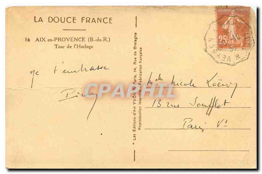 Aix-en-Provence — Tour de l'Horloge — Les Éditions d'Art Yvône, 14 Rue de Béthune — Verso