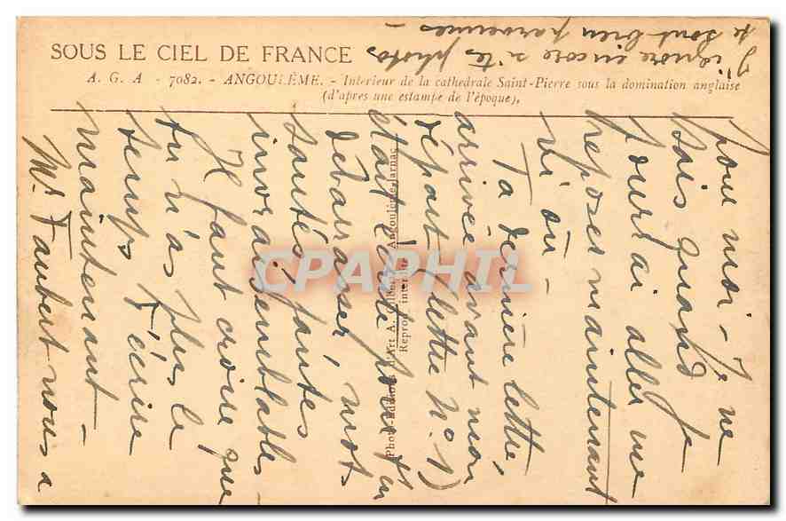 Intérieur de la cathédrale Saint-Pierre — Angoustrine sous la domination anglaise — éditeur Gillbert, série A.G.A. n° 7082 — Verso