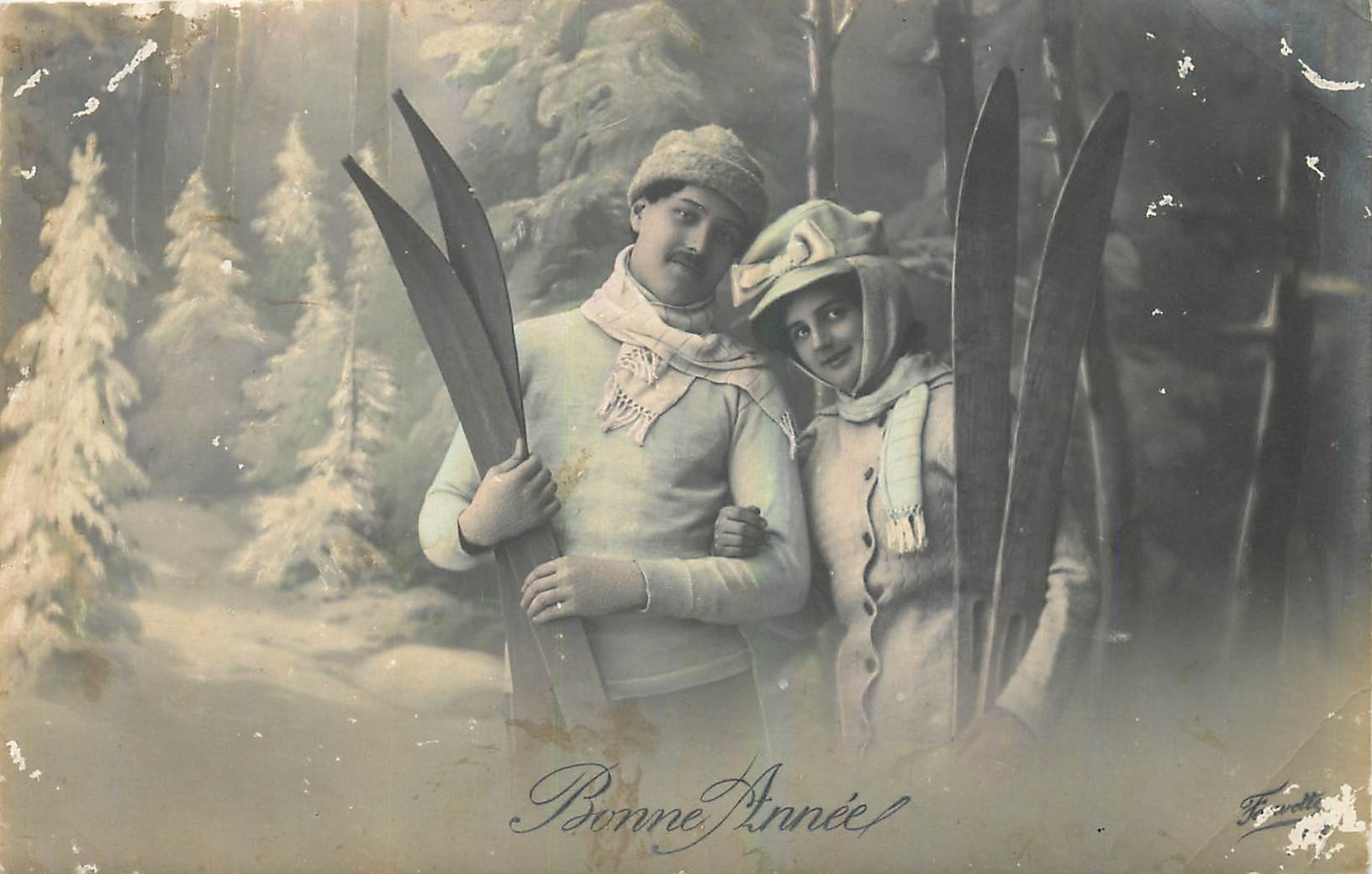 CPA Bonne Annee Femme Ski