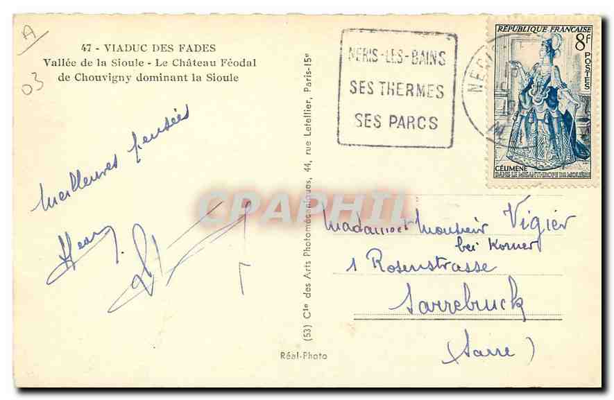 CPM Viaduc des Fades Vallee de la Sioule Le Chateau Feodal de Chouvigny dominant la Sioule  — Rückseite