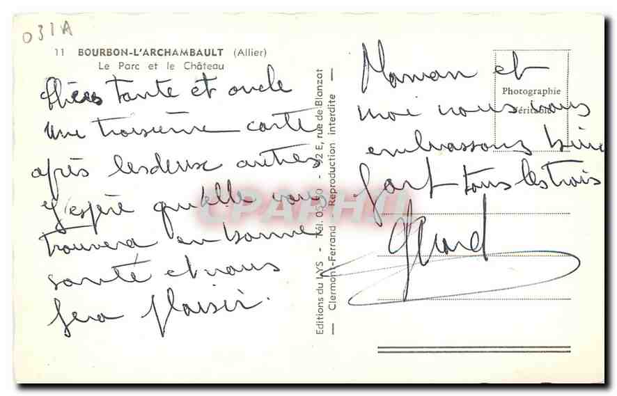 CPM Bourbon L'Archambault Allier Le Parc et le Chateau  — Verso